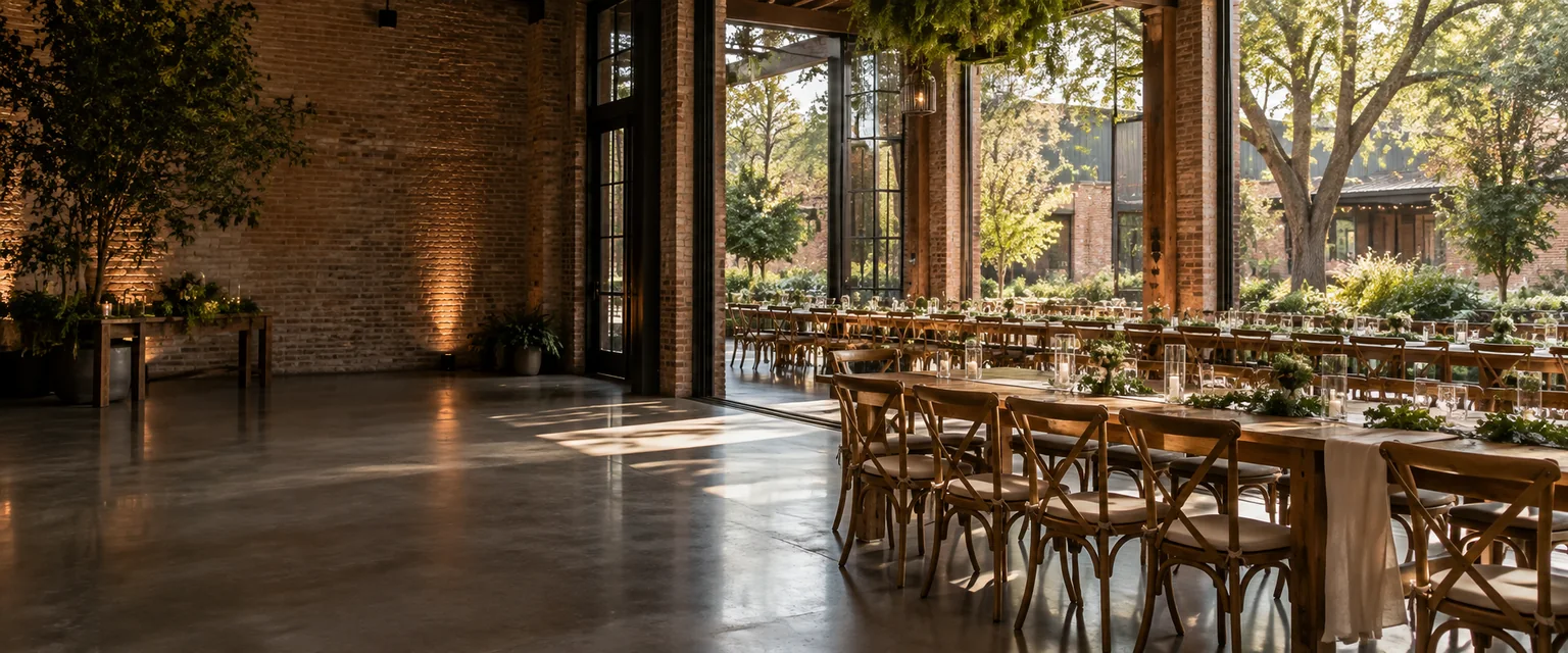 Sunlit gathering space with long tables and open doors