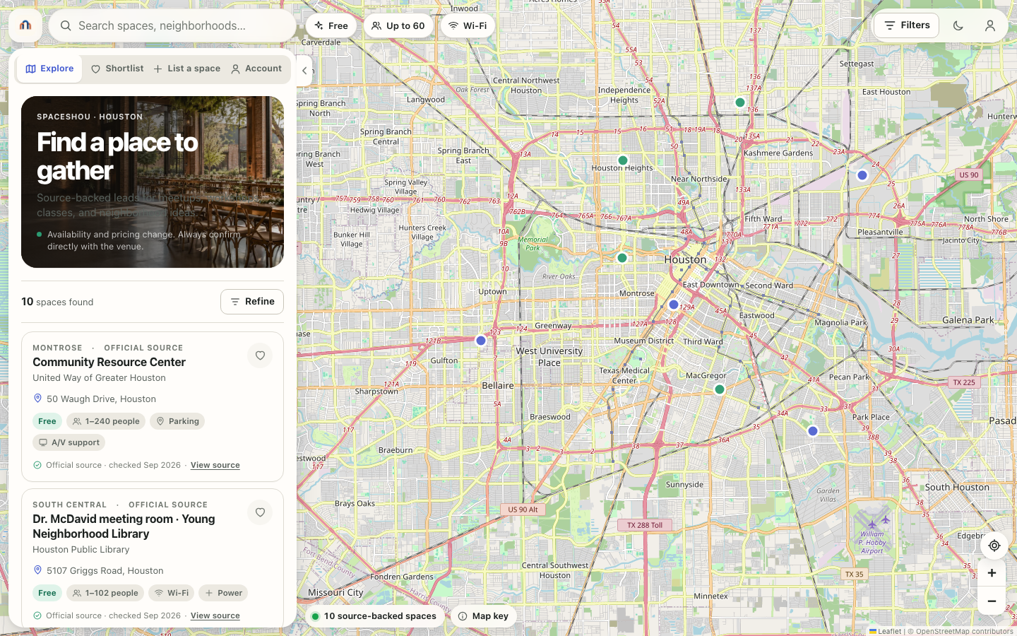 SpacesHOU Explore view showing a Houston map, ten spaces, quick filters, and source-backed cards